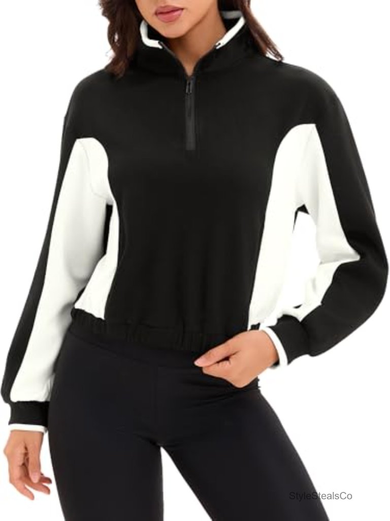 Quarter Zip Pullover Cropped Color Block Sweatshirt With Pockets Workout Tops